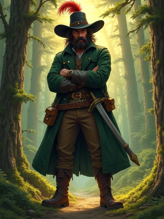 Full-body portrait of a robber character in a sun-dappled fir forest. Posed wide-legged, torso leaning forward. Character with a large black hat with a red plume. Hair is wild dark-brown. Facial hair is bushy with a twirled mustache. Features a curved robber's nose. Wears a weather-beaten fir-green coat with brass buckles. Has a broad leather belt with a pepper-pistol and saber. Dressed in brown linen trousers and knee-high leather boots. An old wooden coffee-mill hangs from his belt. Stands with arms folded, weight on one leg. Back-lighting creates a fairytale mystique. Illustration is highly detailed and modernly textured. Color palette includes deep greens, earthy browns, and warm sunlight.