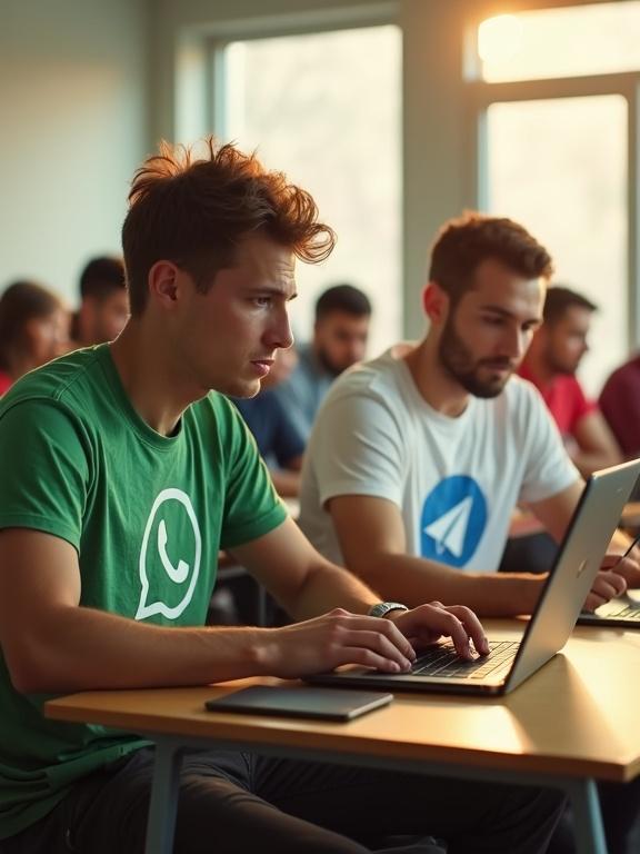 A modern university classroom filled with students. Focus on two male students at a shared desk. The student in green with messy hair looks sideways while the student in white types confidently. Their classroom is sunny with students engaged in coding. A professor lectures at the front. The student in green shows embarrassment as he is asked to leave.