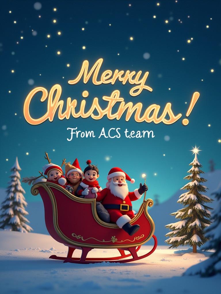 A festive Christmas scene featuring Santa Claus in a sleigh. Sleigh filled with cheerful characters. Snow-covered landscape with Christmas trees. Magical atmosphere with stars twinkling in the night sky. Warm greeting message written above. Includes a team name from DHL ACC.