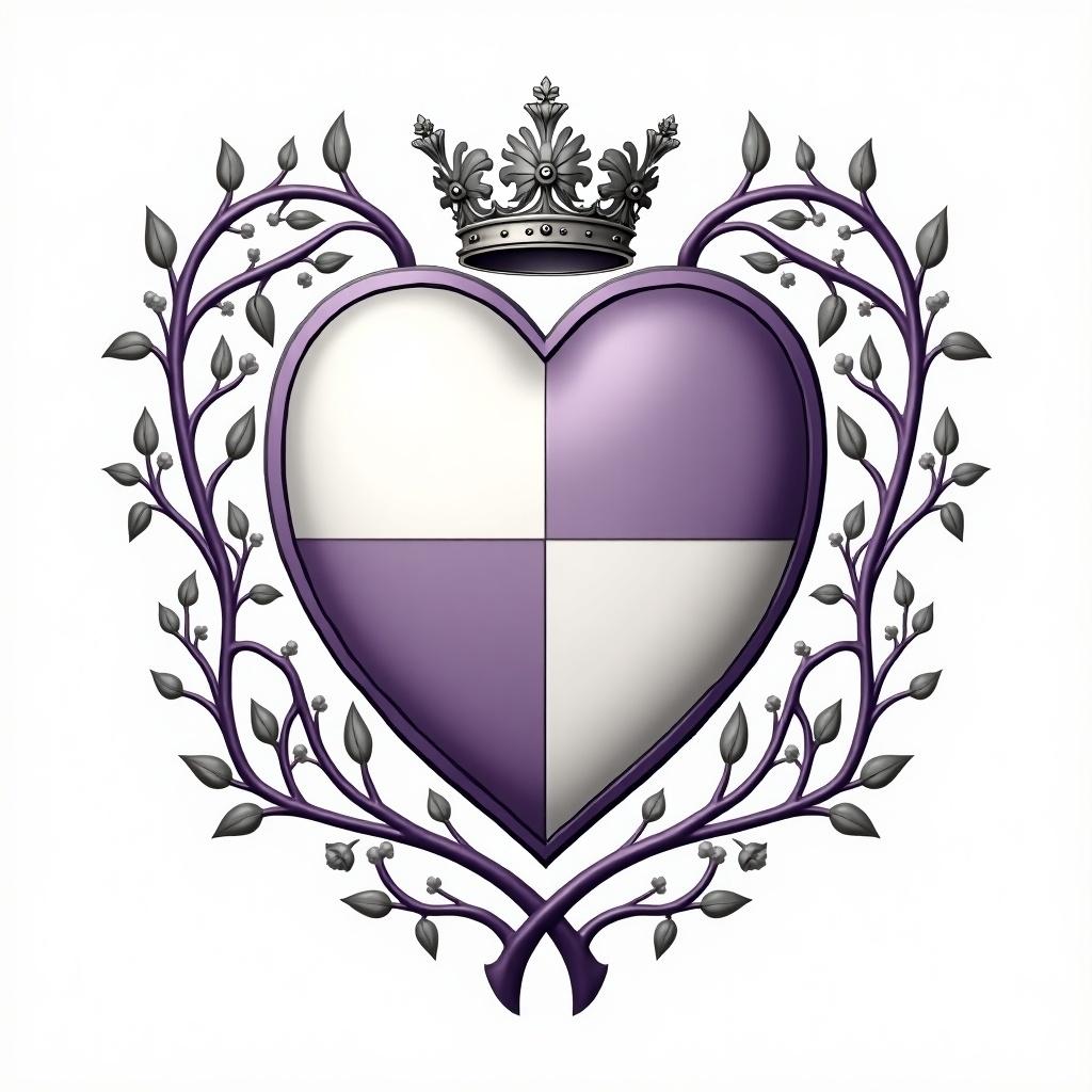 Heart-shaped heraldic shield. Vines surround the shield. It has four charges. Upper left and lower right sections are white. Upper right and lower left sections are pastel-purple. Silver ducal coronet tops the shield. A ribbon features the motto 'Dulcius Ex Asperis'.