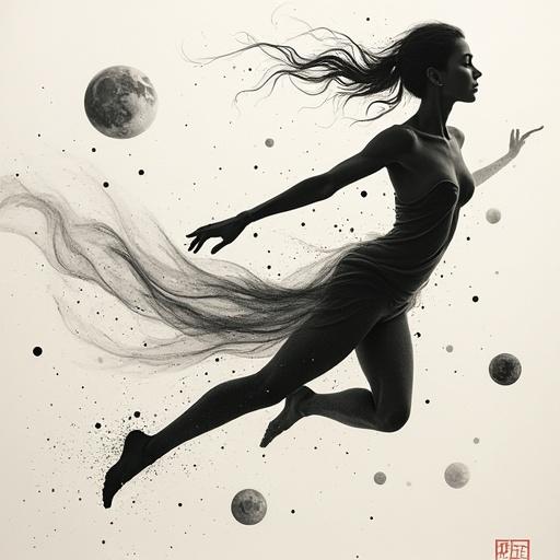 Human silhouette flying in space, flowy body movement, multiple planets and stars in background, monochrome minimalist sketch with delicate ink lines on textured paper, serene atmosphere, inspired by traditional Asian brushwork