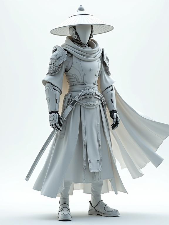 Ultrarealistic Cyberpunk samurai wearing transparent metallic armor with mechanical details. Features a traditional conical hat, flowing white cloak, and scarf. Dual katanas positioned at waist. Design merges futuristic and traditional elements. Utilizes a monochromatic white and gray color palette. Background is clean and minimalist. Includes high-tech armor plating combined with traditional Japanese motifs. The character is rendered in 3D.