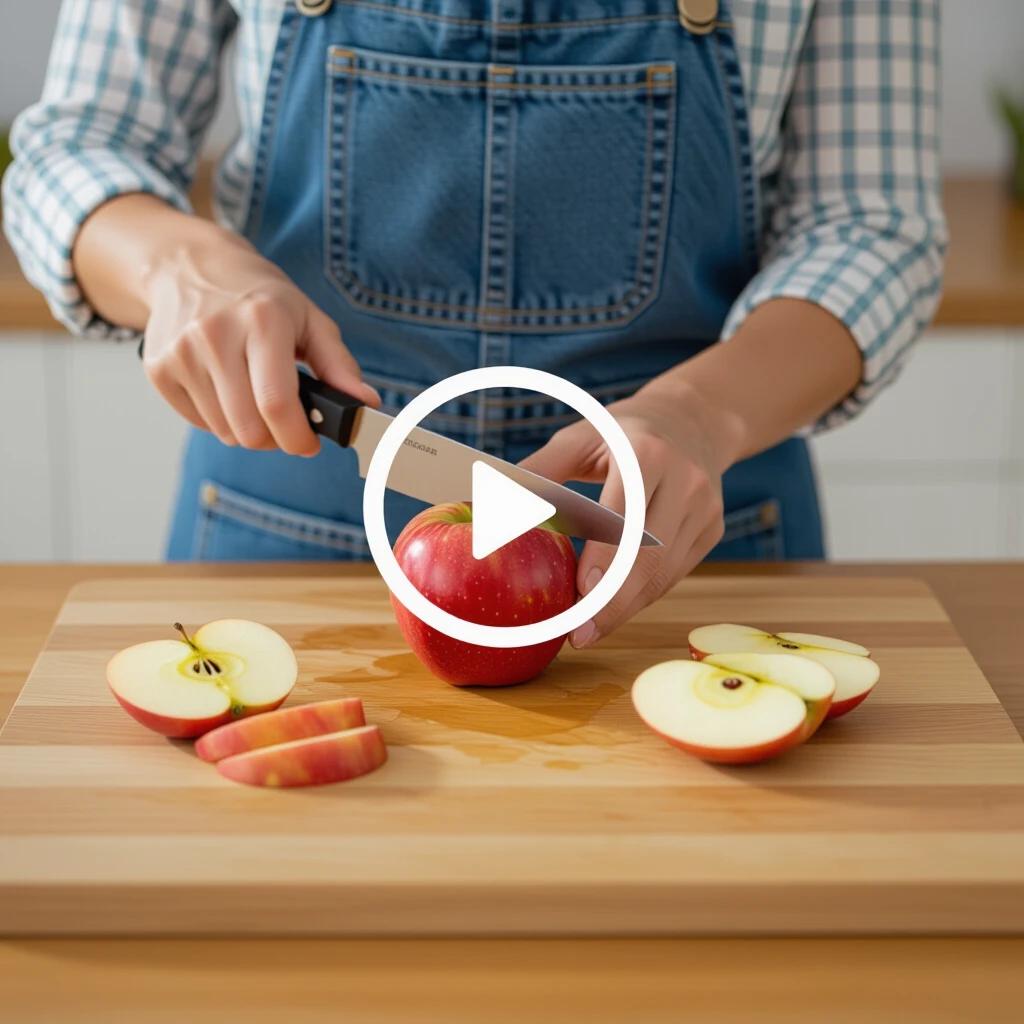 Create a 5 second video demonstrating how to cut an apple with a knife. Include close-up of hands cutting apple on a wooden surface. Focus on the freshness and colors of the apple. Show slices after cutting.