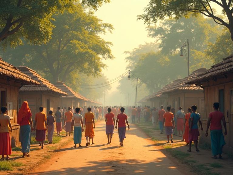 Scene captures a vibrant morning in a West Bengal village. Villagers walk towards a polling booth. Energetic atmosphere with traditional attire and warm morning light. Animation style inspired by The Legend of Vox Machina.