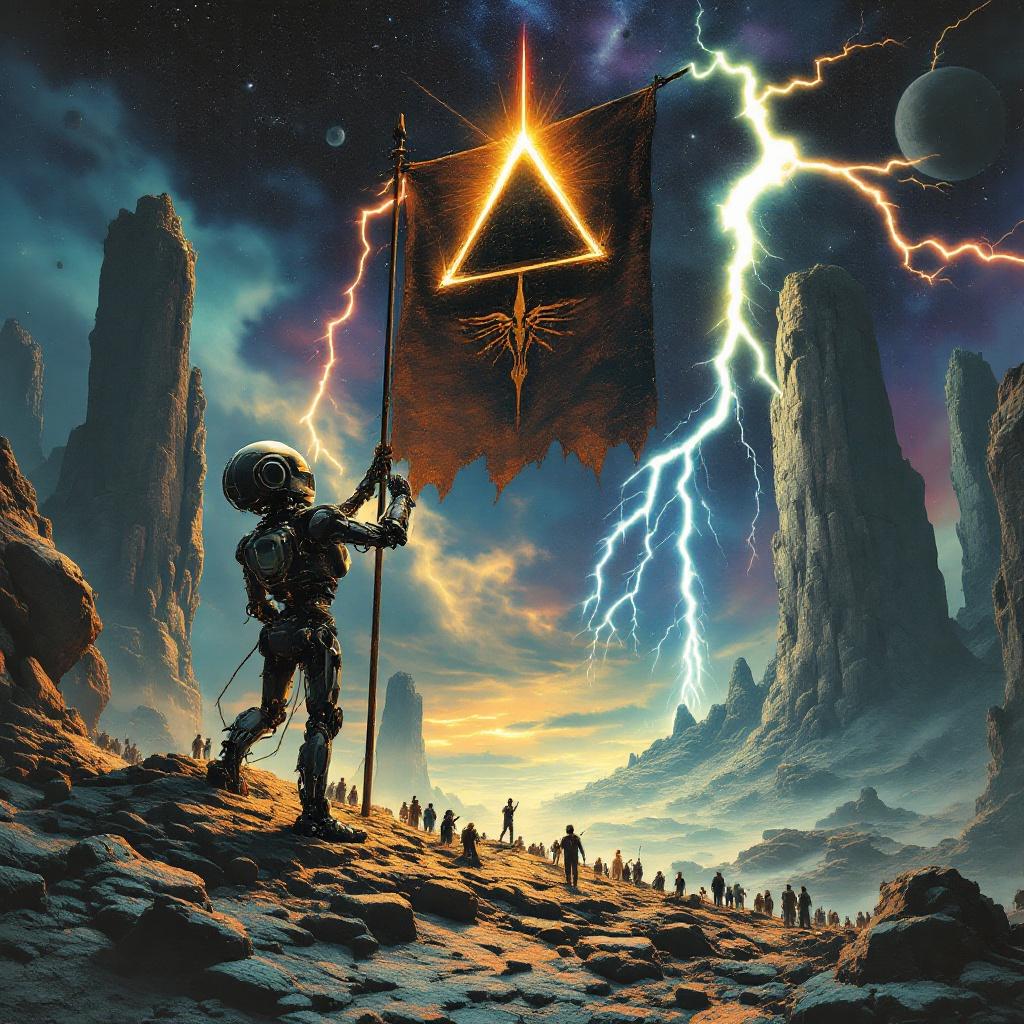 The image depicts a surreal space rock album cover. An old robot stands firmly, holding a large medieval banner featuring a mysterious cult symbol: an upside down bright triangle crossed by a spoon. Striking lightning bolts emanate from the sky, illuminating the scene. Below the robot, towering rocky formations echo the famous Pillars of Creation as seen through the James Webb Space Telescope. The atmosphere conveys a sense of wonder and trepidation, hinting at themes of exploration and encounters with the unknown. This artwork blends elements of fantasy and science fiction, captivating fans of both genres.