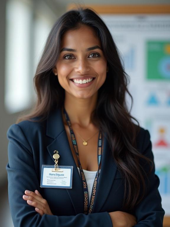 Confident Indian-American female high school science teacher. Warm smile. Long dark hair. Smart blazer with name badge. Standing in front of academic poster. Clean studio lighting. Upper body and face visible. Centered in frame. Softly blurred educational elements background. Portrait orientation 9:16 aspect ratio. High resolution.