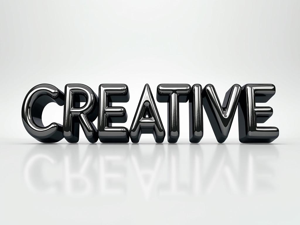 The word 'CREATIVE' is designed in a shiny, metallic font. Each letter is three-dimensional, giving it a robust and playful look. The color is a gradient of silver and black, making it visually striking. The background is simple to ensure the focus is on the text. The text appears to be reflecting light, adding to its dynamic appearance. Overall, the design conveys a sense of innovation and imagination.