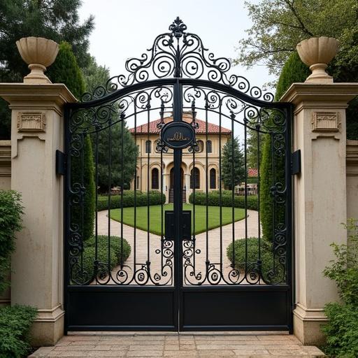 A view of an elaborate 12-foot tall wrought iron gate designed in Rocco style. Intricate patterns adorn the gate with a central plaque inscribed with the word 'Amor.' The scene showcases a beautifully landscaped yard beyond the gate.