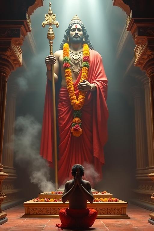 A majestic portrait view of a grand idol of Lord Hanuman inside a South Indian temple. The idol is tall and dressed in red silk. It holds a golden mace and is adorned with flower garlands. At the base, a monkey priest in dhoti is bowing and offering flowers. Incense smoke rises vertically. The scene features cinematic lighting with ultra realistic detail.