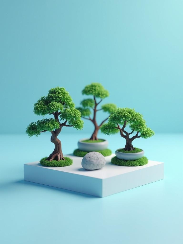 Tiny isometric bonsai trees on a white platform. Soft smooth lighting created in 3D using Blender. Blue background with three trees and a gray stone. Rendered in modular constructivism style.