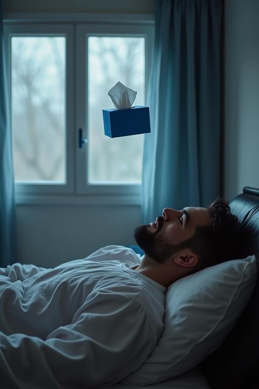 A handsome man with dark hair and a beard lying on a black leather bed in a bedroom. A blue tissue box floats towards the ceiling. The man looks up at the tissue box in surprise. Soft light comes from a window beside the bed.