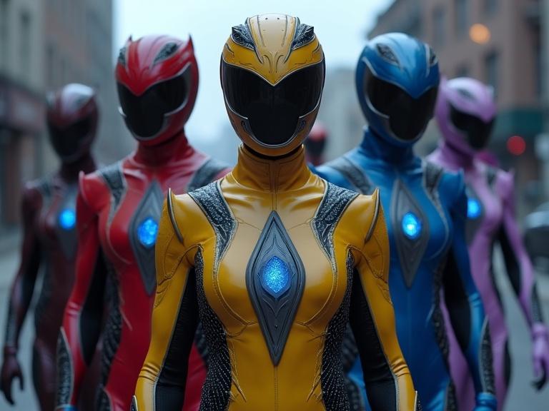 A group of five young Power Rangers with detailed armor standing in a dark town street. The rangers include a red male, a blue male, a yellow female, a black male, and a purple female. The armor has a sleek, organic design with glowing chest elements.