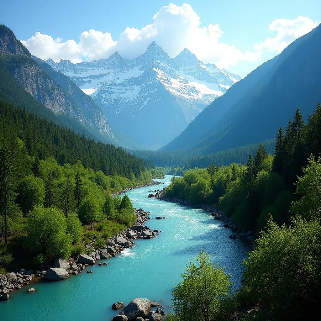 Breathtaking mountain landscape captured in extreme wideshot format. Winding river flows through lush green valley. Towering snow-capped peaks in the background. Clear sky with soft clouds enhances serene nature aesthetic. Vibrant greens of trees contrast with deep blues of water. Scene invites exploration of natural beauty.