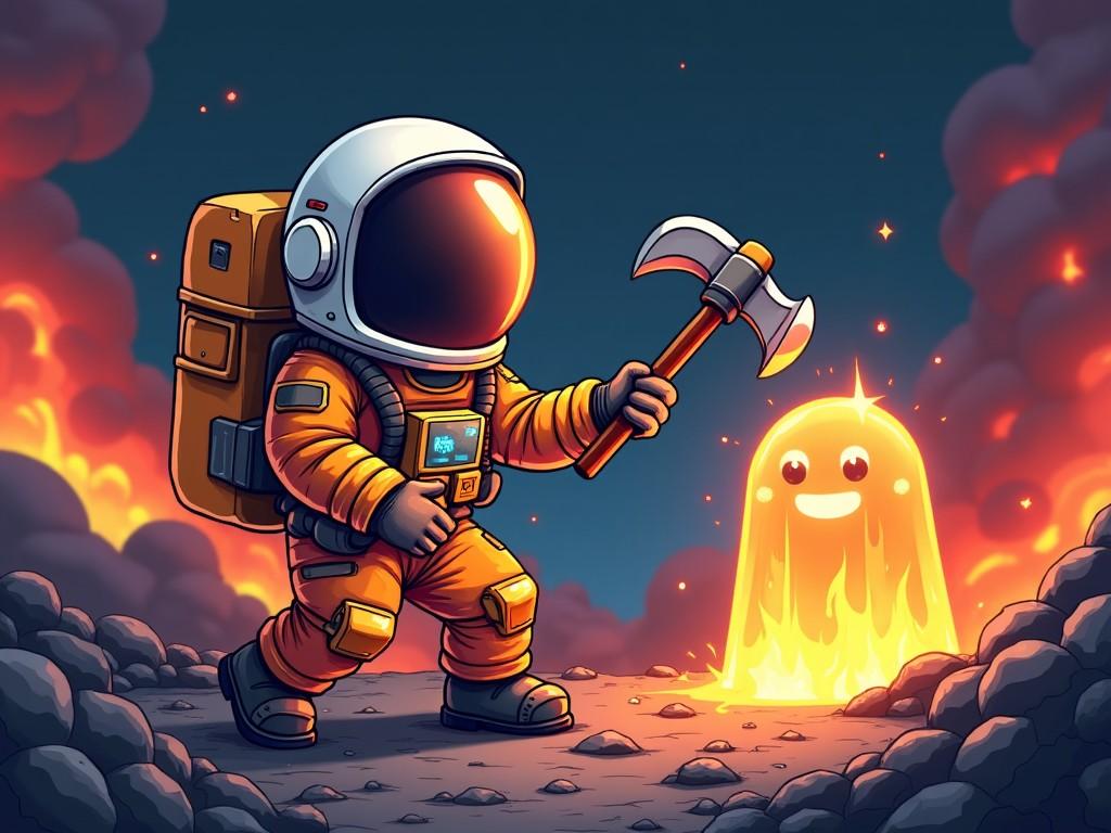 A cartoon illustration of an astronaut in an orange spacesuit holding a pickaxe facing a smiling, glowing alien in a fiery landscape with rocky terrain and a smoky sky.