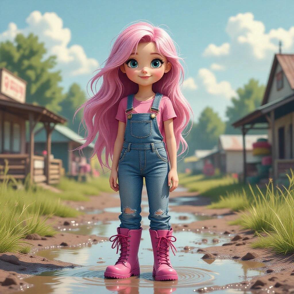 A human girl with long pink hair stands in a muddy area. She wears a pink shirt and blue denim overalls. Pink wellies have dark-pink laces and soles. Bright, cheerful scenery adds to the country show theme.