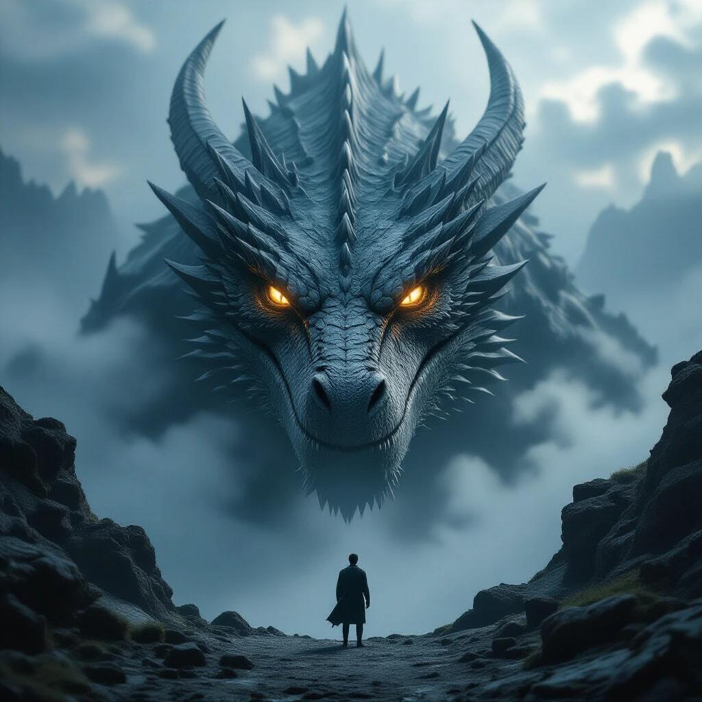 Hyper-realistic cinematic scene with dragon head emerging from shadows. Small human stands at rocky cliff edge. Dragon with glowing eyes and detailed scales. Dramatic overcast lighting and tension in atmosphere. Shallow depth of field and 4K quality.
