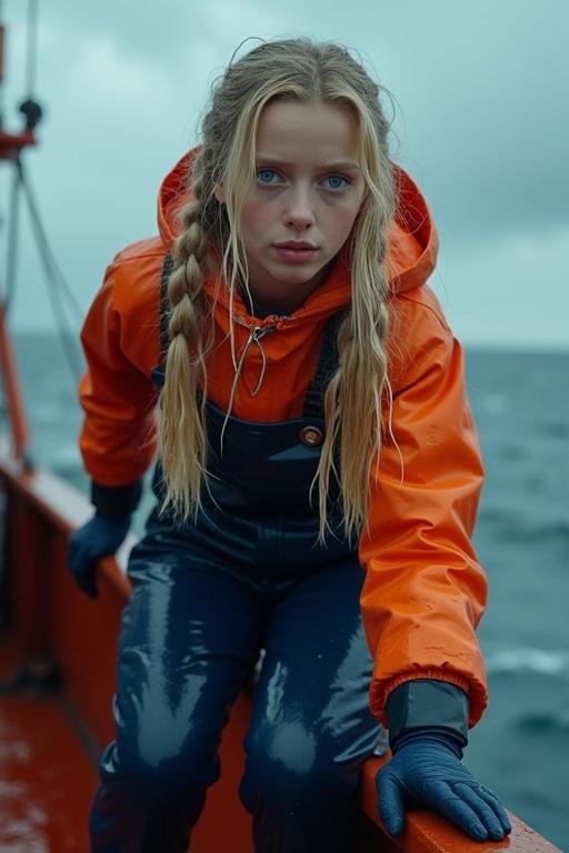Attractive young woman with long blonde hair in pigtails. Wearing orange mackintosh and navy blue latex dungarees. Clinging to a fishing boat railing. Cold rough sea and stormy weather. Torrential rain and soaked appearance.