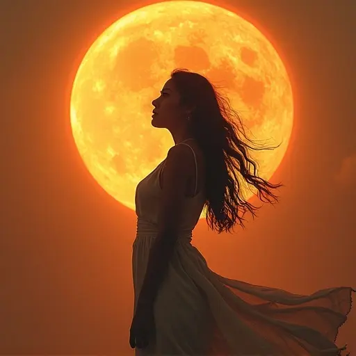 Woman standing in profile with flowing hair at sunset. Bright full moon behind.