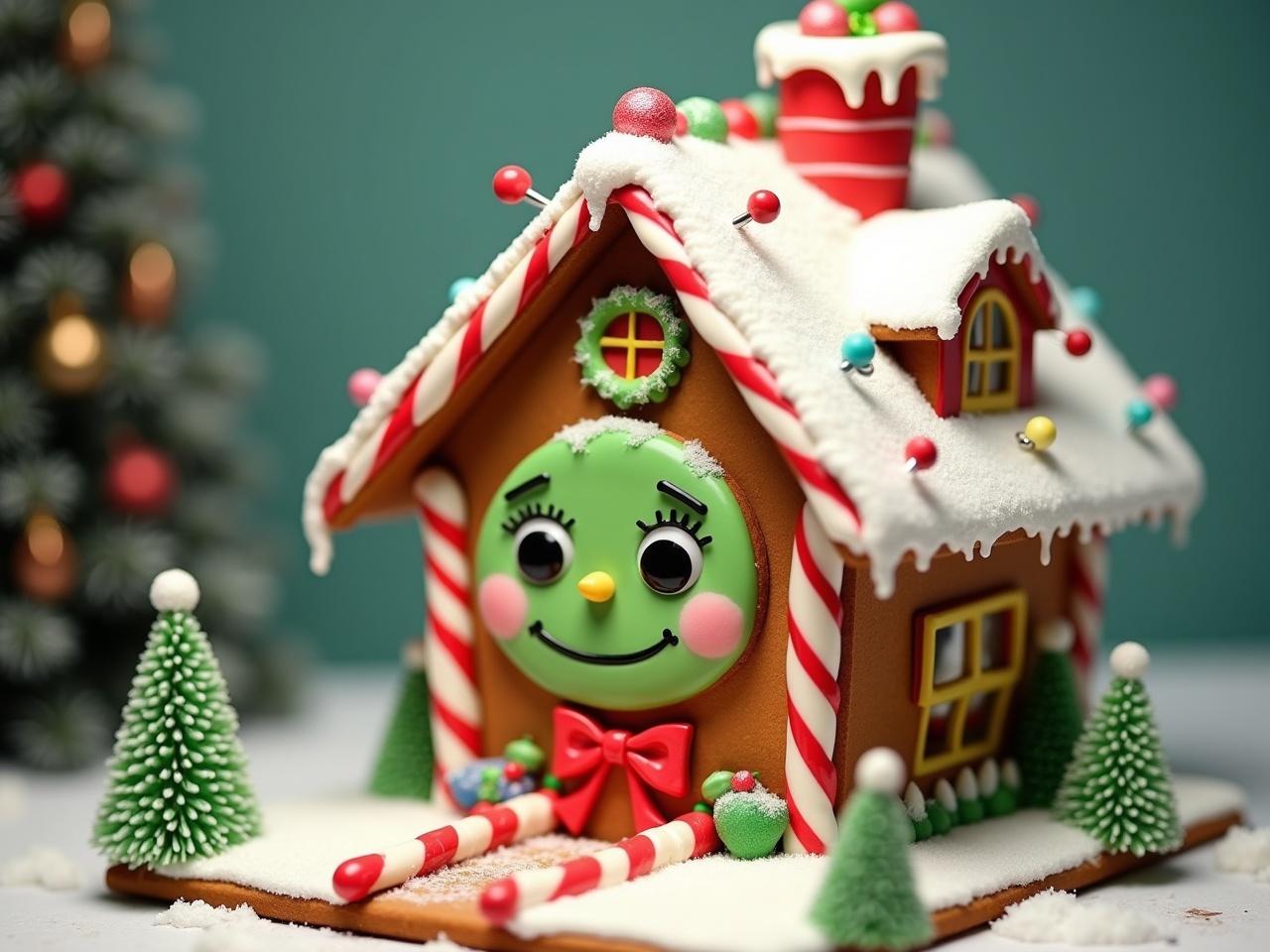 This image depicts a whimsical gingerbread house inspired by a classic holiday character. The house features bright colors and a cheerful design, with intricate icing decorations resembling snow. Its roof is adorned with candy canes and colorful ornaments, creating a festive appearance. The character's face, resembling a well-known green figure, is prominently placed on the front of the house, giving it a playful expression. Surrounding the house are small, decorated trees, adding to the holiday spirit. The overall scene has a magical and inviting feel, perfect for the festive season.