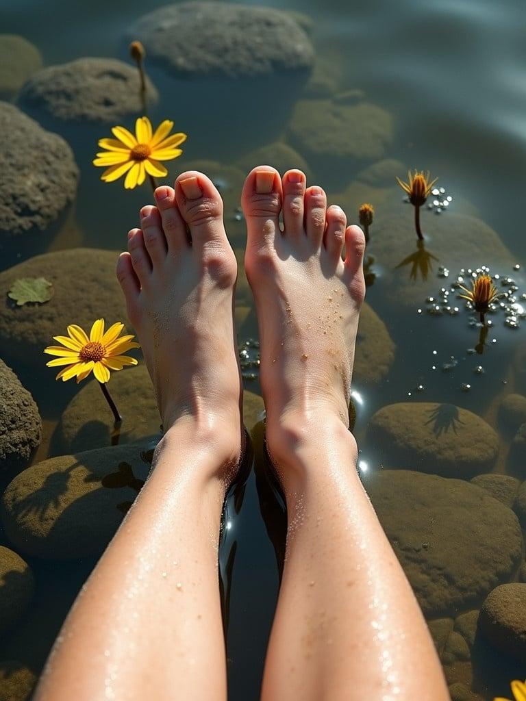 Dirty soles resting in a lake filled with smooth stones and bright yellow flowers. The soles appear relaxed and wet under the sunny sky. Skin tone is fair. Sunlight casts a shimmering effect on the water surface.