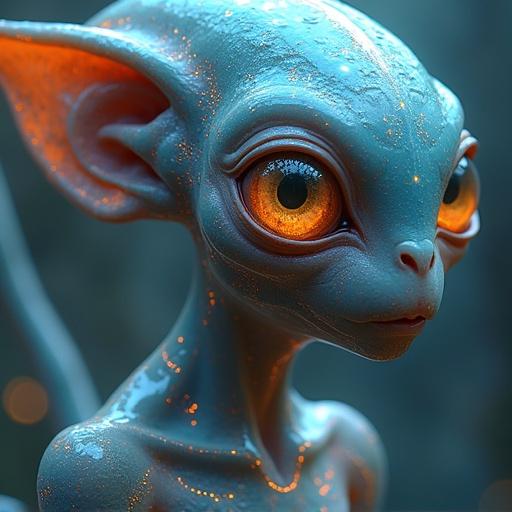 Mesmerizing telekinetic alien exuding serene power and ancient wisdom. Luminous skin pulsating with shimmering patterns of unknown origin. Digital painting capturing exquisite detail and ethereal beauty. Alien's eyes are pools of cosmic energy, drawing viewers into a realm of imagination beyond reality.