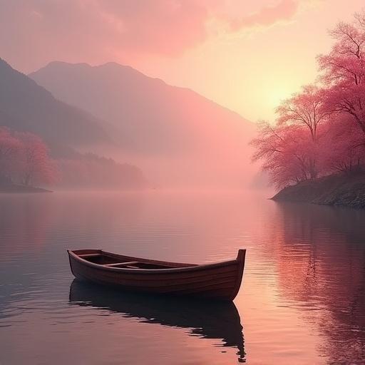 Image shows empty wooden boat floating on calm water near shore of peaceful lake. Lake surrounded by pink cherry trees with mountains in background covered in mist. Sky features orange-pink colors with sunlight shining through trees. Overall mood is serene.