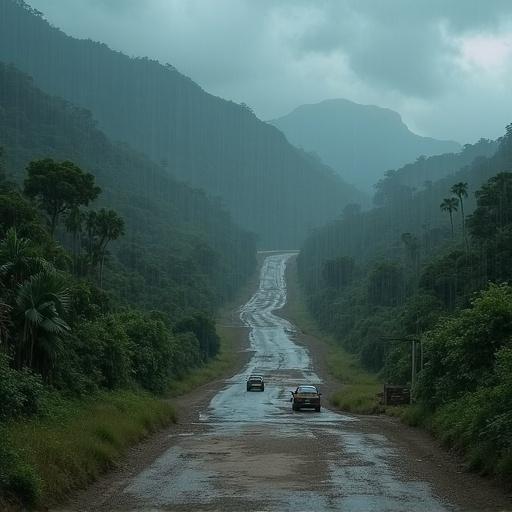 Inca road with ancient Aztecs during a rainy thunderstorm. Winding path through green mountains. Overcast sky and raindrops creating a dramatic scene.