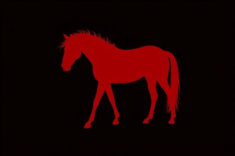 Silhouette of a horse in red color. Mane appears to have flames. The background is solid black.
