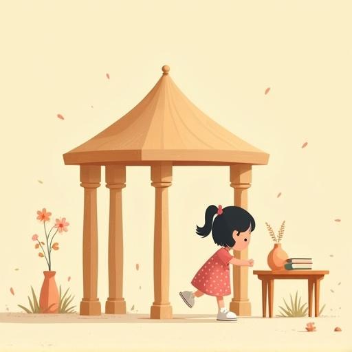 A child-friendly illustration of a wooden structure with tall columns. A little girl in a pink dress stumbles near a tilted table. Soft light and dust particles create a dreamy feel. No text in the image.