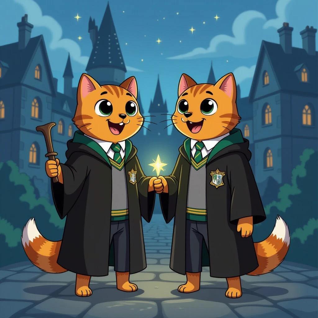 Finn and Jake transformed into magical cats. Cats are wearing Hogwarts robes with house insignia. They are standing on a cobblestone path in front of a castle. One cat holds a wand while the other holds a glowing star. Background features gothic architecture under a starry night sky.