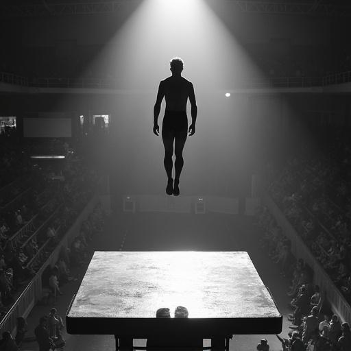 Diver jumps off a high dive platform with bleachers full of people. Black and white photo focuses on the back of the diver with bright light. Studio quality captures diver mid-air from a bird's-eye view.