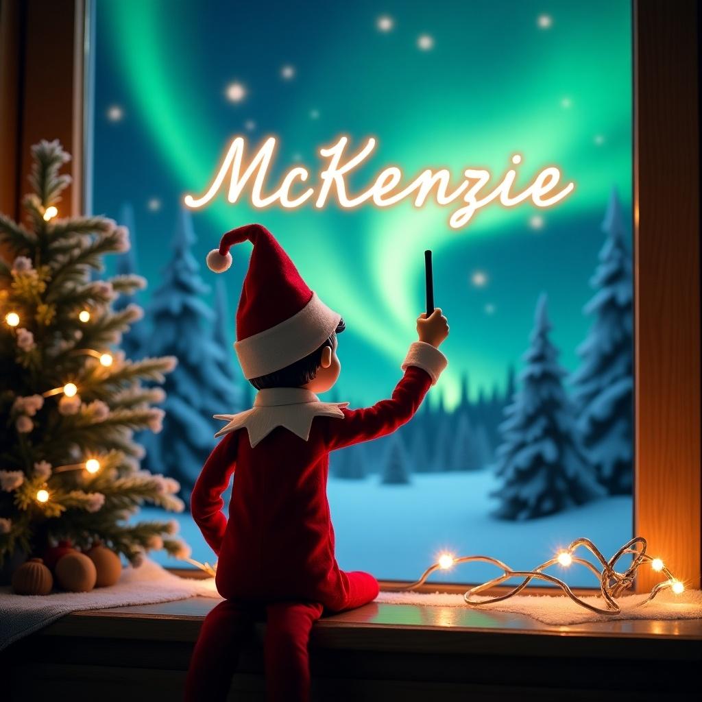 An enchanting Christmas scene with an elf on the shelf. The elf is in red and white, facing the sky with a magic wand. The script 'McKenzie' glows above him. The backdrop features vibrant northern lights. The scene conveys the spirit of Christmas with a whimsical twist, evoking wonder and excitement.