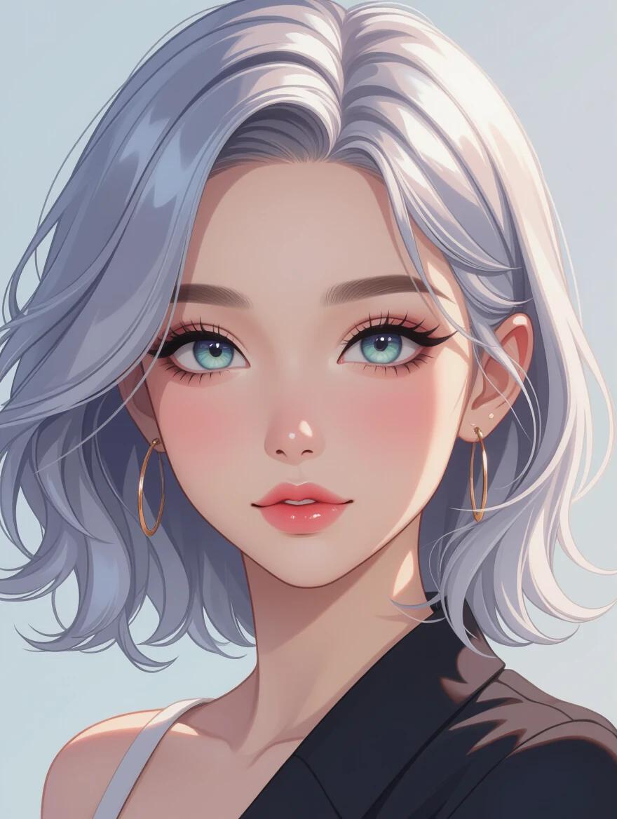 Close-up portrait of a young woman with silver hair and heterochromia. Soft lighting highlights intricate eyes and delicate facial features. High-definition skin texture with slight blush and glossy lips. Background features a gradient with a soft color wash. LoRA-style rendering with sharp lines and smooth blending.