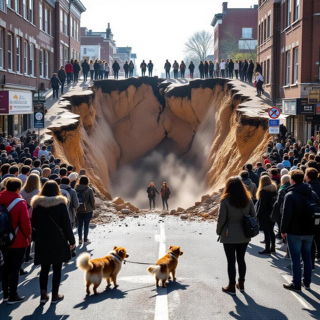 A wide shot captures a street with a massive chasm. People gather in groups, showing expressions of shock. A woman and her dog are trying to move away from the edge. Dust and debris spill from the jagged hole. Bright natural light enhances the scene.