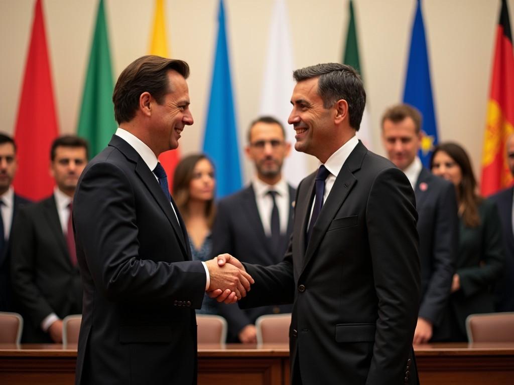 The image depicts two men in formal suits shaking hands, exuding professionalism and respect. They are surrounded by a group of people and several colorful flags in the background, indicating a formal gathering or meeting. The focus is on the handshake, symbolizing agreement or partnership. The atmosphere appears collaborative and positive, showcasing a moment of diplomacy or business networking. This scene captures the essence of professional engagements between leaders or executives.