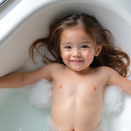 A 7-year-old girl lies on her back in a bathtub with bubbles. She looks at the camera. Long hair flows to the side. The bathtub is white with a clean design. Natural light brightens the scene.