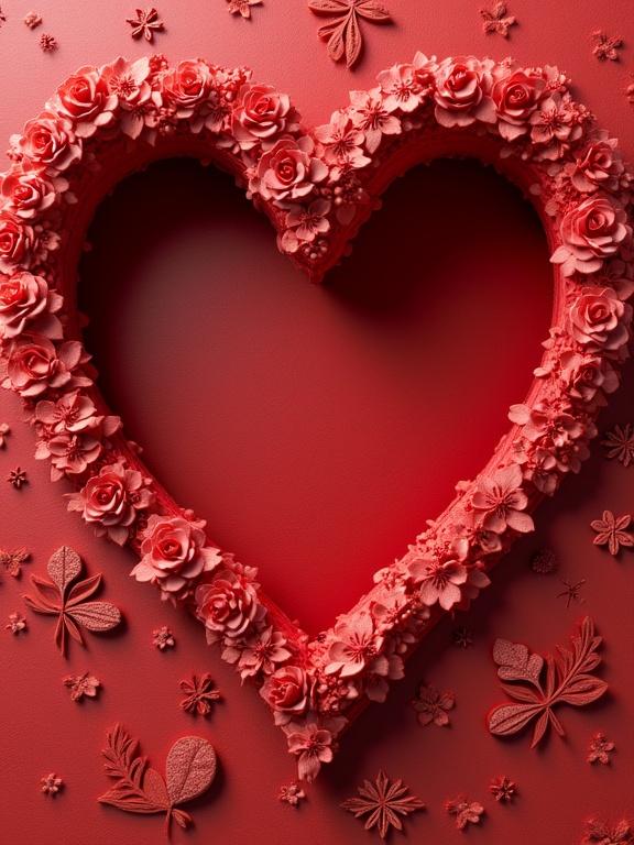 3D heart shaped floral clay artwork with intricate designs and red colors. It has a textured background and decorative elements.