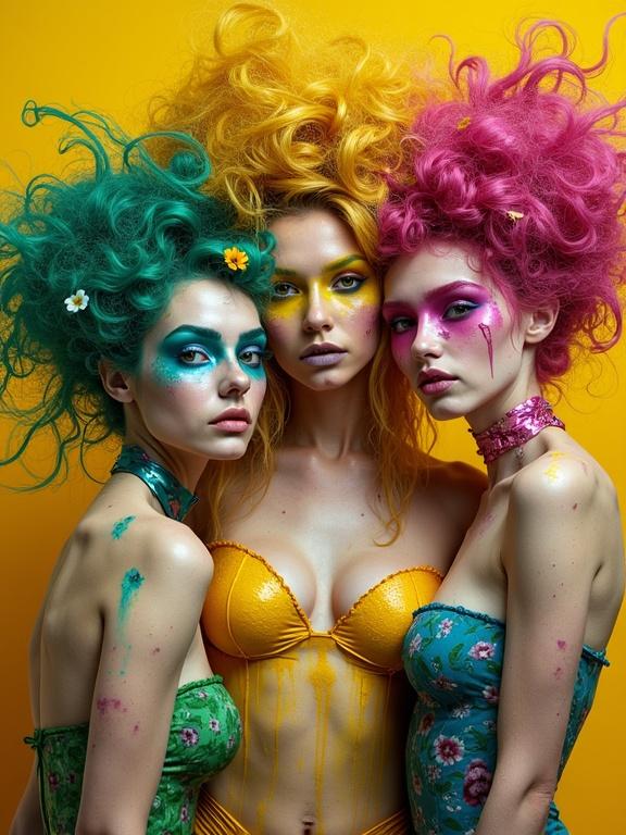 Surreal portrait of three models with colorful hairstyles and makeup. Eccentric attire in shades of green, magenta, yellow, and blue. Bold yellow ochre background.