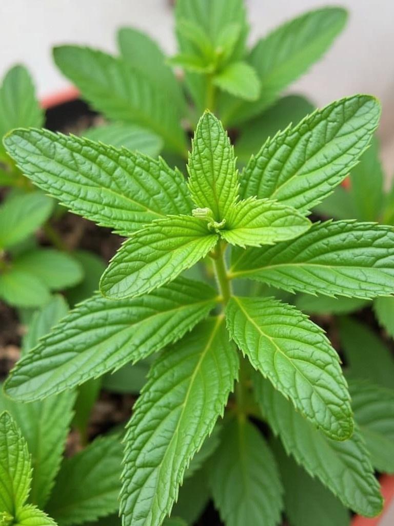 Peppermint plant with vibrant green leaves. The peppermint grows in a pot. The view showcases the leaves from above. Healthy plant with no signs of damage.