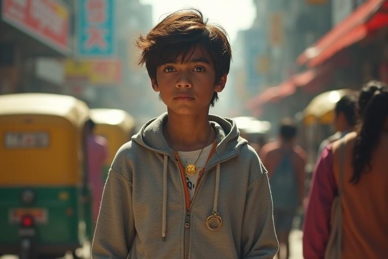 A hyper-realistic scene of a boy walking through a bustling street in Kolkata. Bright daylight. His skin glows subtly. Electric-blue eyes shimmer. Faint scars on shoulders. Slightly torn grey track jacket. Golden divine aura visible. Tousled hair sways. Vibrant crowd in background. Rickshaws and colorful signs. Mystic glow around boy hints at half-divine nature. Cinematic depth and vivid colors.