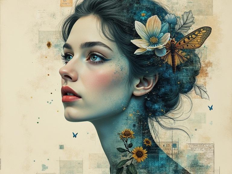 Create a digital collage with portraiture, architecture, entomology, and botanical illustrations. Use a muted color palette and vibrant blue with aged paper textures. Focus on themes of beauty, transformation, and nature. Capture an ethereal quality with delicate lines and surreal composition. Imagine a character or story inspired by the collage art. Include textures and overlapping planes for depth.