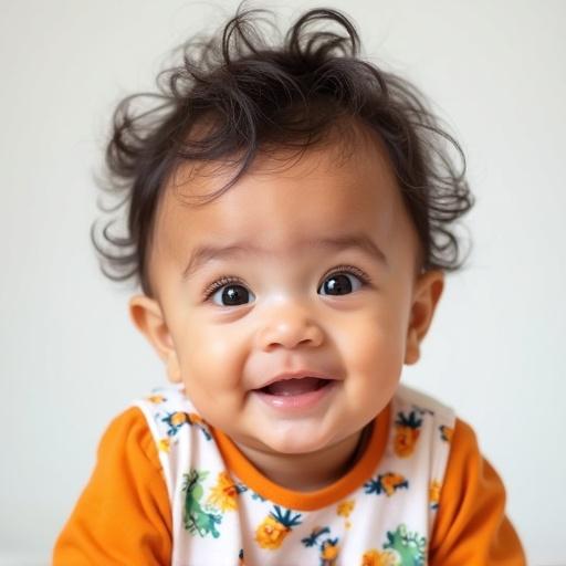 Very cute Latin baby wearing colorful baby clothes smiles gently at the camera. Close-up shows head neck shoulders chest belly. Soft natural lighting with a plain bright background.