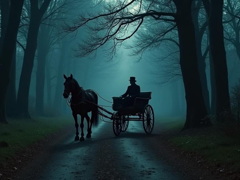 Night scene in a foggy forest. Four-wheeled carriage pulled by a horse. Coachman driving, judge seated behind with cane and book on knees. Dim lighting and misty atmosphere create eerie mood.