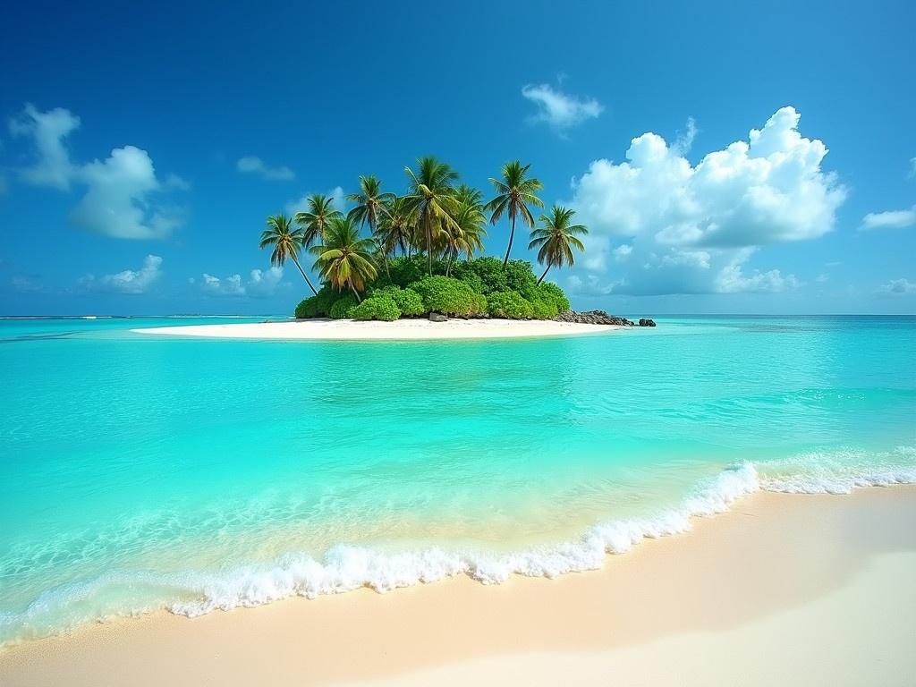 The image shows a tropical paradise with a small island surrounded by clear turquoise waters. There are several tall palm trees on the island, contributing to the lush greenery. The beach leading to the water is sandy and light in color, creating a beautiful contrast with the vibrant blue ocean. The sky above is bright and sunny with a few fluffy clouds drifting by. This idyllic scene evokes a sense of relaxation and escape, perfect for a vacation spot. The gentle waves lap at the shore, inviting visitors to come and enjoy the tranquil atmosphere.