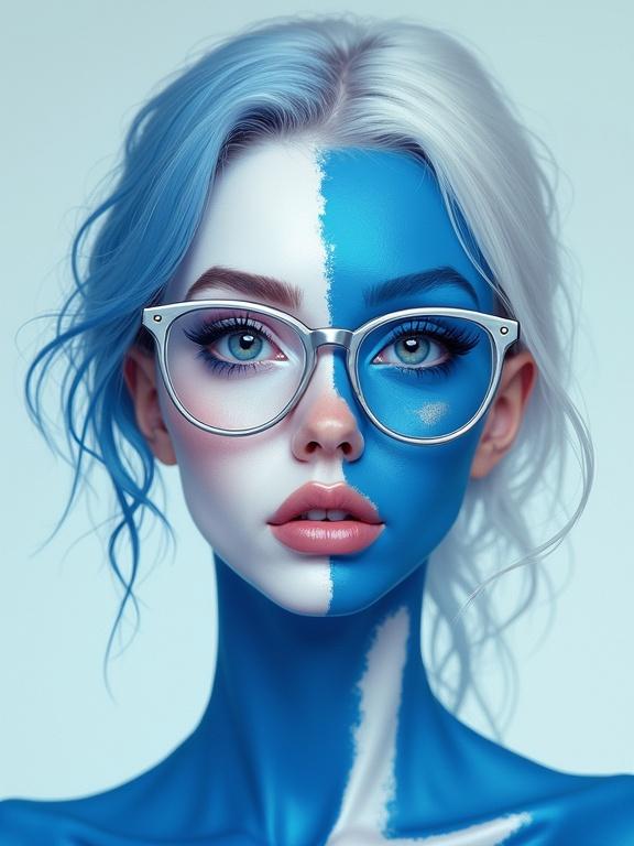Digital art illustration of a Finnish woman with painted body. One side blue and the other side white. Glasses on her nose enhance her charm. Soft pastel background. Expression shows confidence.