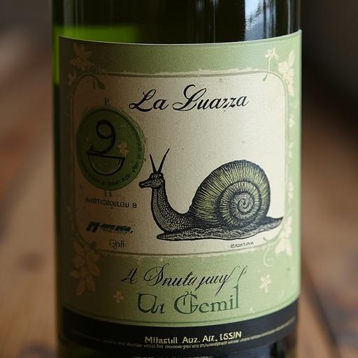 Bottiglia di vino verde con etichetta Snail. Etichetta con scritta La Guazza.