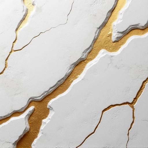 Realistic 2D texture of handcrafted white stone with a rough sculpted surface. Features bold raised golden veins carved organically. Matte chalky finish with visible chisel marks and uneven contours. Gold veins shine with soft metallic glow. Flat top-down view with soft ambient lighting. Highly detailed surface with no background distractions.