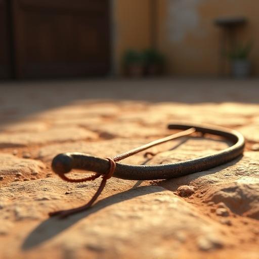 3D-rendered illustration of handmade bow on dusty stone ground. Bow made from thin iron rod with worn string. Scene set in Canarian patio with morning sunlight. Conveys rural tradition and craftsmanship.