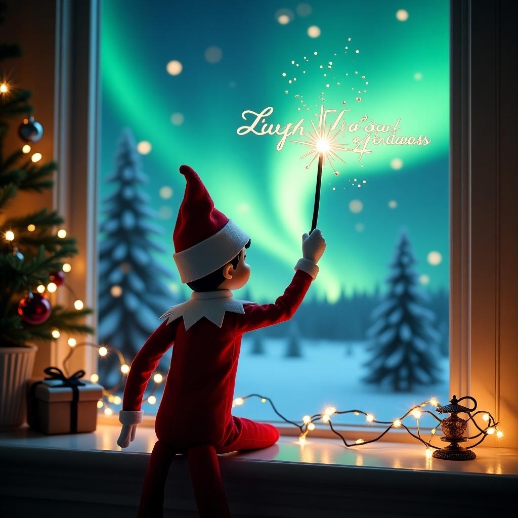 An enchanting Christmas scene featuring an elf on the shelf, facing the sky with his back to the viewer. The elf, dressed in red and white, wields a magic wand, writing 'Avah I’ll see you in 4 days'. The vibrant northern lights in the sky add a magical ambiance to the scene. The backdrop is adorned with evergreen trees dusted with snow, enhancing the festive spirit. Soft lighting emanates from a nearby Christmas tree, creating a cozy atmosphere. The whole scene conveys joy and excitement, capturing the essence of the holiday season in a whimsical way.