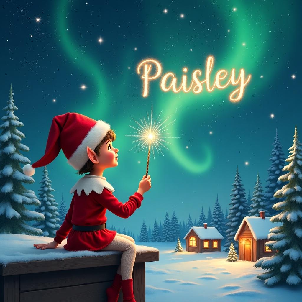 An elf sits on a wooden ledge with its back to the camera, gazing at a magical sky. Dressed in a red outfit with a pointed hat, the elf holds a sparkling wand. With the wand, the elf writes the name 'Paisley' in the starry sky. The scene is painted with a snowy landscape, charming little houses, and evergreen trees under shimmering Northern Lights. This whimsical depiction captures the essence of childhood magic and Christmas cheer. The elf elegantly adds the names 'Paisley' in the same starry sky, enriching the magical atmosphere.